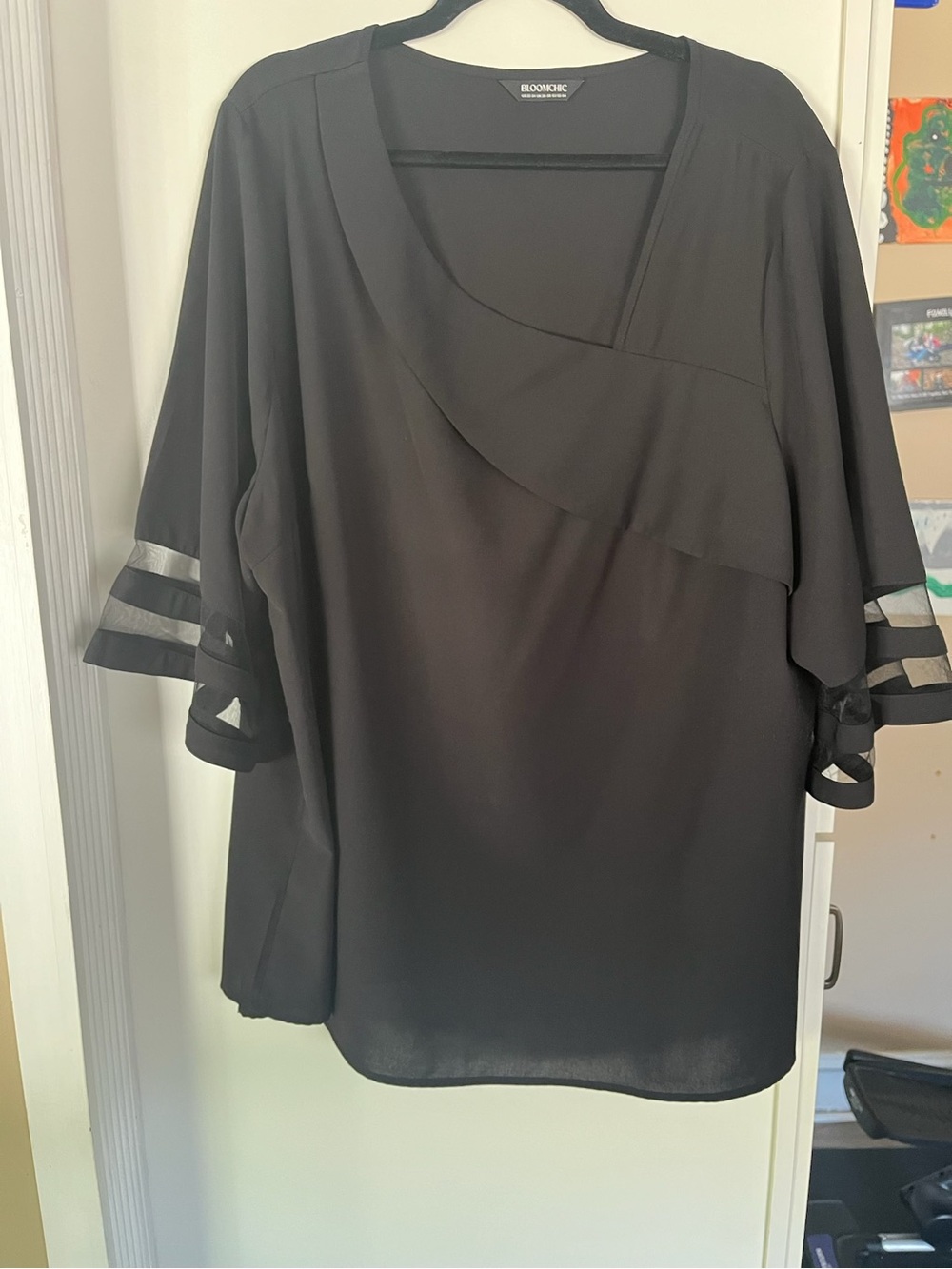 BloomChic Black Ruffle-Front Semi-Sheer Sleeve Blouse